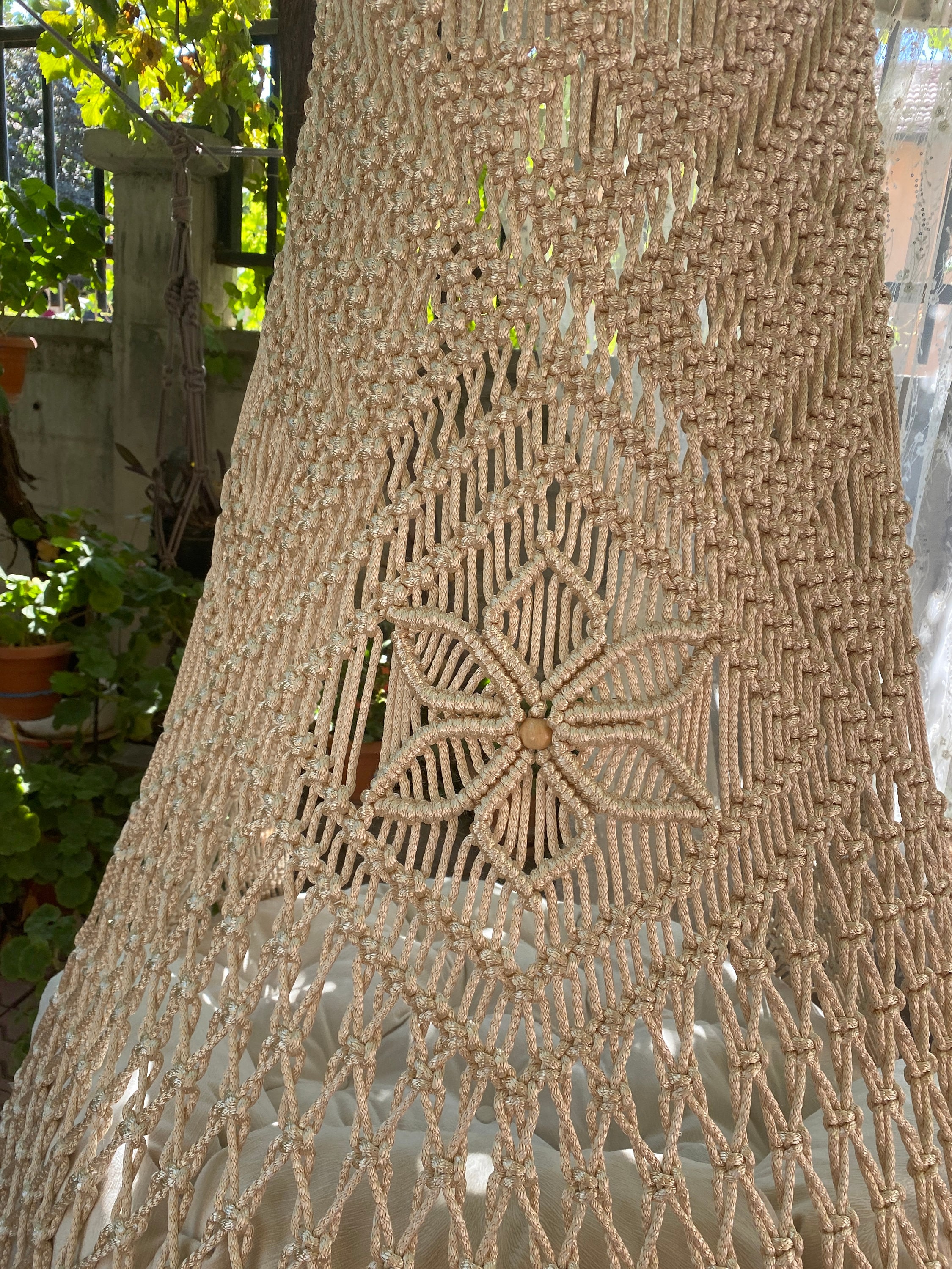 Sedia A Dondolo In Macramè SUNCREAT Con Tasca PortaLibri – Amaca Sospesa In Corda Di Cotone Per Interni/Esterni, Beige