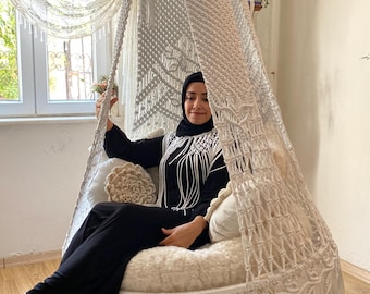 Macrame Patio Swing: Double Hanging Chair, Embroidered Cushion