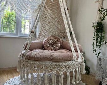 White cotton macrame swing,macrame swing chair,macrame chair,hammock chair,macrame hanging  swing,boho swing,patio swing,Hanging chair