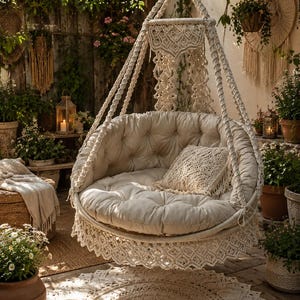 May include: A cream macrame hanging chair with a buttoned cushion and decorative fringe. The chair hangs from a wooden beam in a garden setting, surrounded by plants, a woven rug, and a hanging woven lamp.