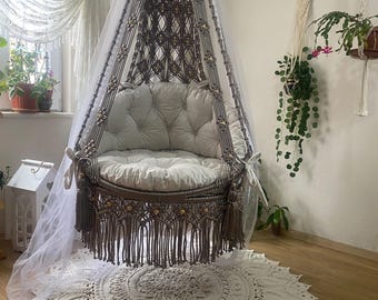 Macrame Hanging Chair with Cushion & Tulle Canopy