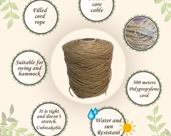 May include: A spool of 500 meters of brown polypropylene cord. The cord is described as "filled cord rope", "double core cable", "water and sun resistant", "suitable for swing and hammock", and "it is tight and doesn't stretch. Unbreakable."