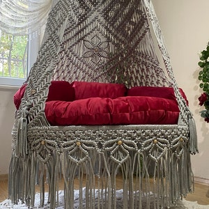 Hanging Macrame Chair,Garden Hammock,Gray Macrame Swing,Gray Hammock,Rocking Chair, Macrame Swing With Red Cushion, Christmas Gifts,Swing