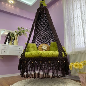 Macrame Brown Rope  Swing Chair,Macrame Rocking Chair,Housewarming Gift,Patio Hammock,Double Macrame Swing,Round Swing Chair,Home Decoration