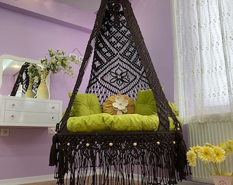 Macrame Brown Rope  Swing Chair,Macrame Rocking Chair,Housewarming Gift,Patio Hammock,Double Macrame Swing,Round Swing Chair,Home Decoration