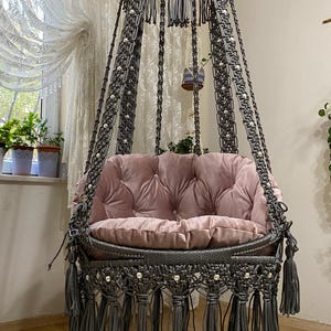 Hanging Chair,Macrame Swing Chair,Round Hammock Chair,Christmas Gift,Birthday Gift,Pink Padded Egg Swing,Rocking Chair,Macrame Hammock Chair