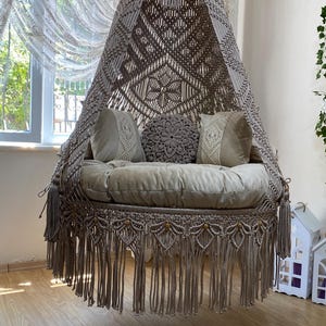 Macrame Beige swing Chair Set ,Macrame Round Swing, Special design macrame swing, Macrame Swing , XXL Macrame handmade Swing,Patio Hammock,