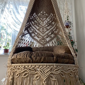 May include: A beige macrame hanging chair with a brown cushion. The chair has a fringe border and a tassel hanging from the bottom.