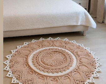 Handmade Crochet Round Rug ,Boho Nursery Area Rug, Crochet Round Rug, Cotton Knitted Carpet, Washable Kids Room Decor ,Pink Round Rug