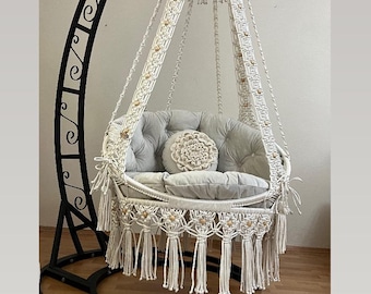 Macrame white boho  swing Chair set,Macrame Round Hammock, Daisy pattern design swing, Macrame Swing Chair,  Patio ,Garden Hammock Chair