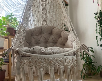 Makramee Beige Hängematte,Makramee Schaukel Hängematte,Beige Schaukel,Makramee Schaukel,Terrassenschaukel,Schaukelstuhl,Makramee Doppelschaukel,Makramee