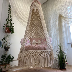Macrame swing,hammock chair,boho home decor,indoor swing,macrame roking chair,hammock swing,Cotton beige rope swing,cotton macrame swing,