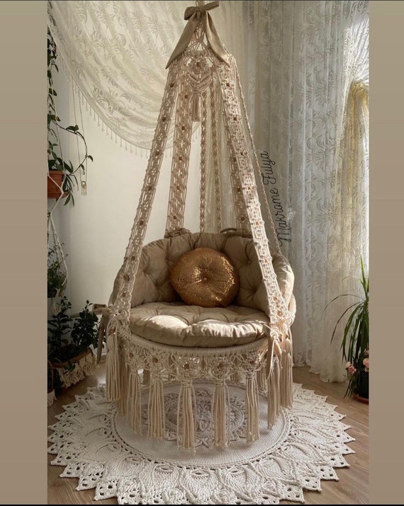 Macrame Swing macrame Chair garden Swing beige Swing Macrame Design Swing Blue Cushion Macrame Swing Hanging Macrame Swing Etsy UK