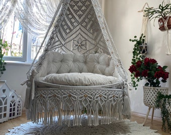 White Macrame swing,Hanging Chair,Garden macrame swing,Macrame rocking chair,Macrame round chair,Macrame patio swing ,Hammock Chair,Hammock