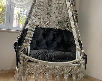 Macrame Hanging Chair,Macrame Swing chair,Beige Handmade swing,Gray cushioned rocking chair,macrame decorasion,macrame hammock,Macrame Swing