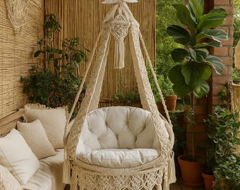 Boho Macrame Swing Chair, Hanging Hammock Chair, Handmade Bohemian Decor for Balcony, Indoor Outdoor Patio Seat,Christmas Gift,Birthday Gift