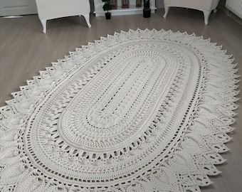 Oval Handmade Carpet Rug, Handmade Oval Crocheted Rug, Knitted Rug,White Oval Rug, Housewarming gift,Batroom Rug, Knitted Rug, Bedroom rug