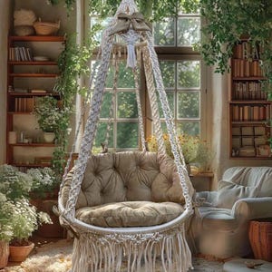 May include: A white macrame hanging chair with a brown cushion and fringe detail. The chair is hanging in a room with a window and plants.