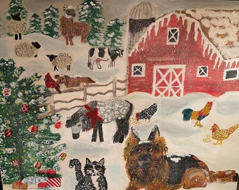 May include: A winter scene painting depicting a red barn with a white roof, a Christmas tree adorned with baubles, a black and white horse, a German Shepherd dog, a black cat, and various farm animals in a snowy landscape.