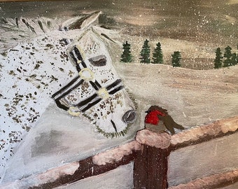 Pferd trifft Vogel 11x14 Druck, Pferde- und Vogelliebhaber, Weihnachtsgeschenk für Pferdeliebhaber, Winterszene