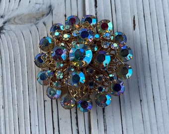 Vintage Aurora Borealis Crystal Rhinestone brooch with gold petals