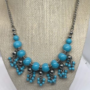 vintage Silver-Tone Statement Necklace with faux Turquoise Beads and Cluster Dangles.