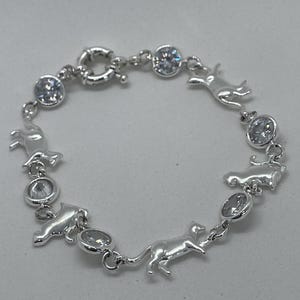 Vintage Silver  Tone Cat & Crystal Link Bracelet