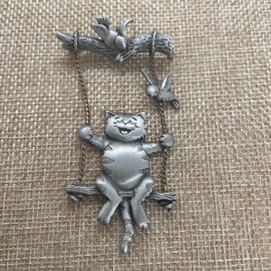 Vintage JJ Whimsical Cat on a Swing Brooch with Birds.