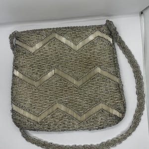 Vintage Hand Beaded Evening Bag – Hand Made in Hong Kong – Silver Chevron Beaded Purse – 1950s 1960s Handbag.