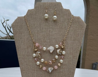 Vintage Gold Tone Bib Necklace & Earrings: Shells, Crystals, Faux Pearls
