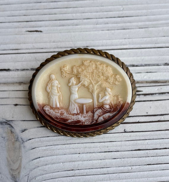 Antique Cameo Brooch with three women and one tre… - image 1