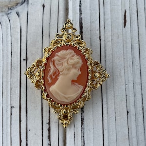 Peut inclure: Une broche camée dorée avec un design filigrané détaillé. Le camée présente un profil blanc d'une femme sur un fond rouge.