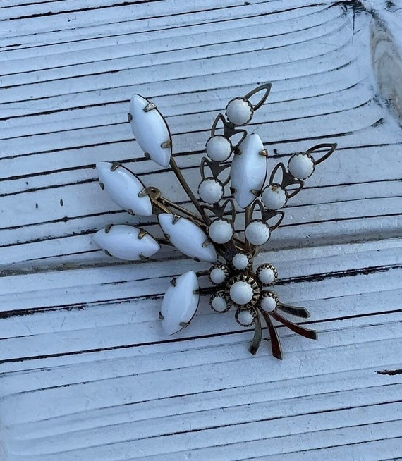 Vintage White milk Glass Flower Brooch - image 1