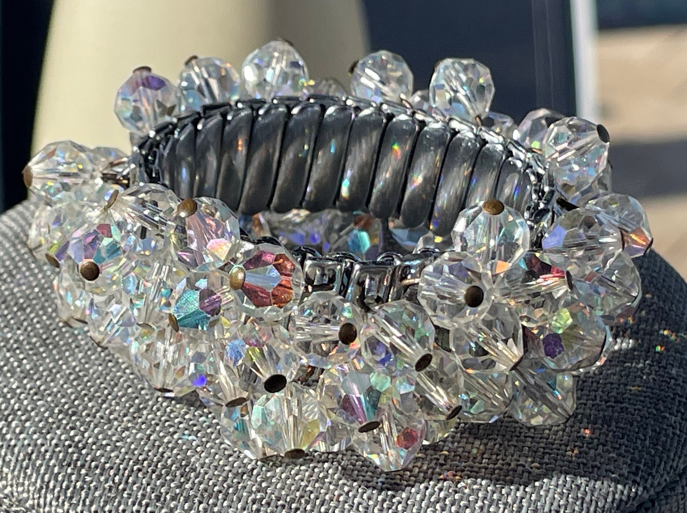 nezca7mm オーロラブレスレット Vintage Japan Aurora Borealis Stretch Bracelet Silver Tone