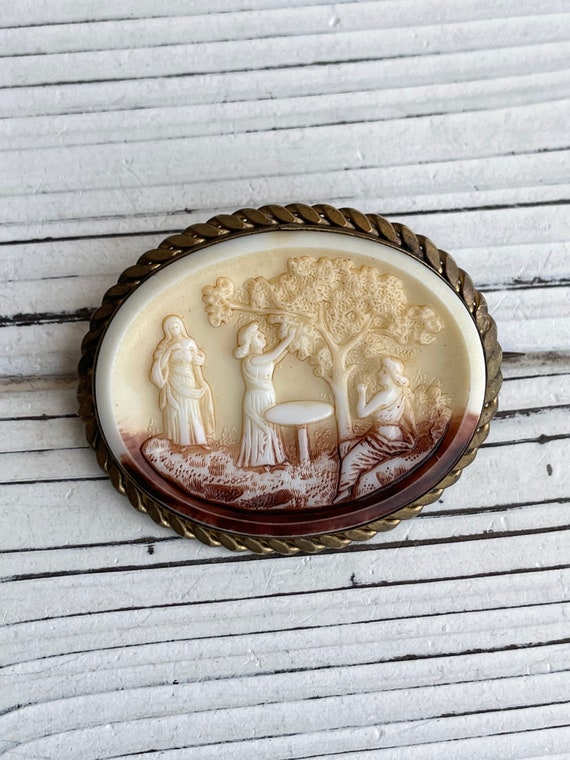 Antique Cameo Brooch with three women and one tre… - image 2