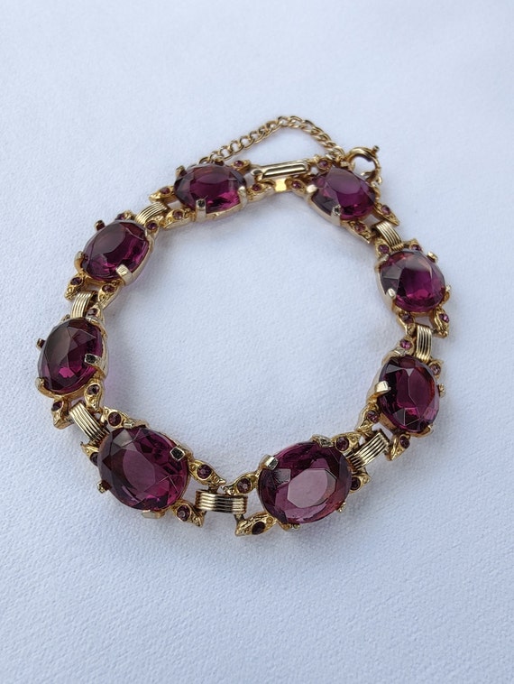 Vintage Purple Glass Station Bracelet Gold Tone