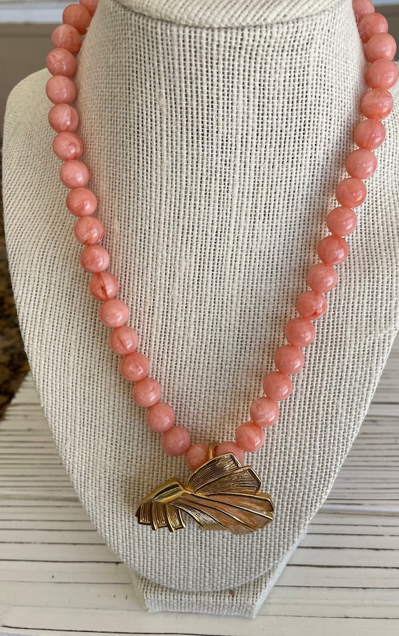 Vintage Pink Beaded Necklace & Gold Enamel Slider 