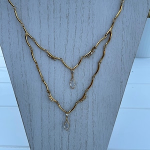 Vintage Gold Tone Double layer in the front link Necklace with tiny crystals