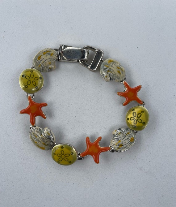 Vintage Enamel Starfish and Shell Magnetic Bracele