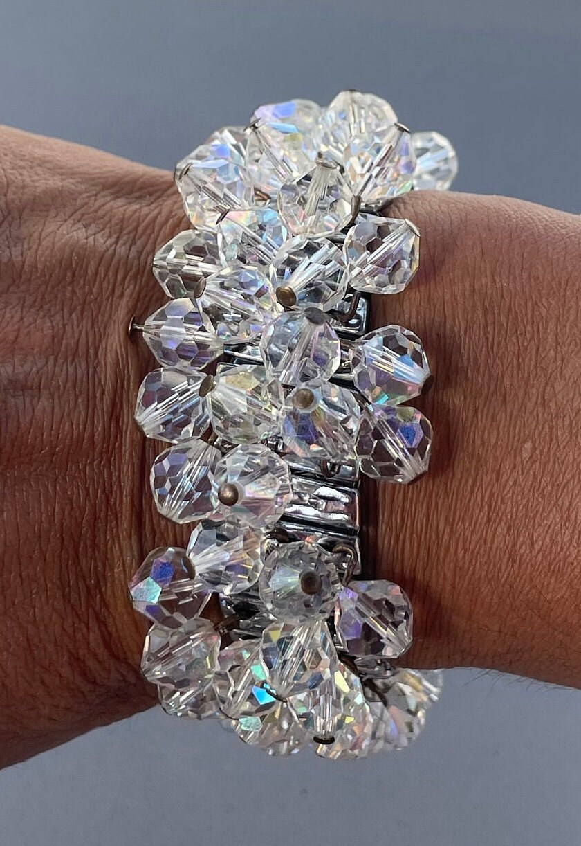 nezca7mm オーロラブレスレット Vintage Japan Aurora Borealis Stretch Bracelet Silver Tone
