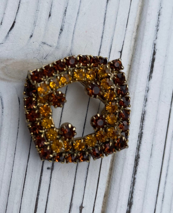 Vintage Square Brown and Yellow Rhinestone Brooch