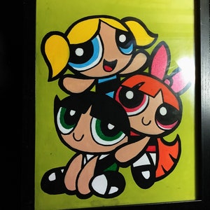 Dibujos animados de los 90 Chicas Superpoderosas pintura de dibujos animados, lienzo enmarcado acrílico, red de dibujos animados verde, ranúnculo, burbujas, flor, arte enmarcado, dibujos animados