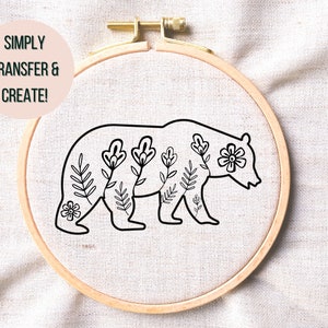 Modern Animal Hand Embroidery PDF Bear Hand Embroidery Pattern Download Floral Animal Hoop Art Pattern Bear Lovers Embroidery DIY Gift