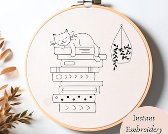 Boho Hand Embroidery Pattern Stack of Books Hoop Art Design Cat Embroidery PDF Cat Hoop Art Pattern Book Lovers Hand Embroidery Art