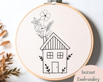 Tiny House Hand Embroidery Pattern Printable Cottage Hand Embroidery PDF Flower Chimney Cottage Hoop Art  Cottage Core Embroidery Decor DIY