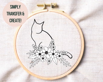Cat Floral Hand Embroidery Pattern Cat Silhouette Embroidery PDF Cat Lovers Gift Art Modern Floral Embroidery Art Downloadable PDF Pattern