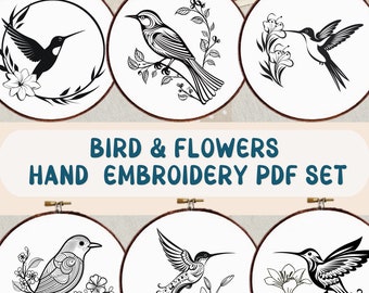 Birds Hand Embroidery Pattern Bundle - Birds and Flowers PDF Pattern Bundle - Hummingbirds Hand Embroidery Templates  - Bird Hoop Art Bundle