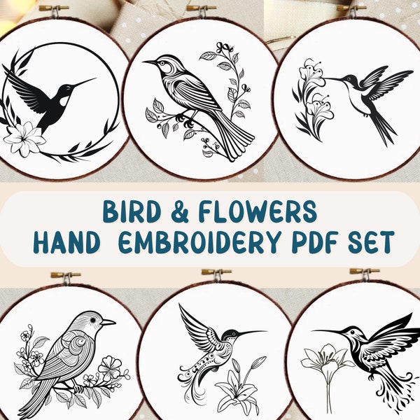 Birds Hand Embroidery Pattern Bundle - Birds and Flowers PDF Pattern Bundle - Hummingbirds Hand Embroidery Templates  - Bird Hoop Art Bundle