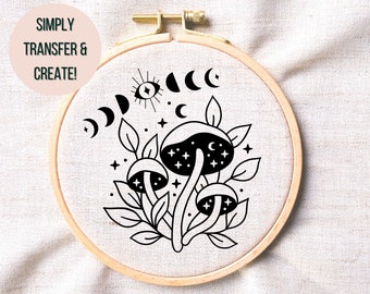 Celestial Mushroom Hand Embroidery PDF Witchy Mushrooms Printable Embroidery Pattern Moon Phases Embroidery Download Celestial Hoop Art