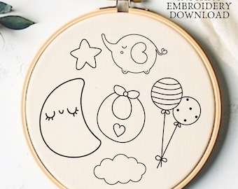 Nursery Hand Embroidery Pattern Printable Embroidery PDF For Baby Nursery Gift Idea DIY Nursery Art Cute Cloud and Elephant Baby Embroidery